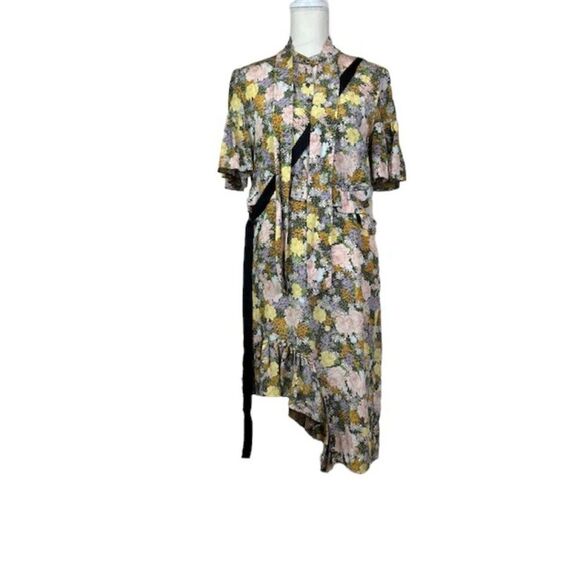 Rokh Silk Split Floral Frill Dress Ruffle Strap Pink Yellow Blue Women's Size 10 - Picture 4 of 16